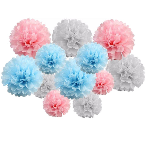 12  Tissue  Pompoms  (Pink+light blue+Grey )