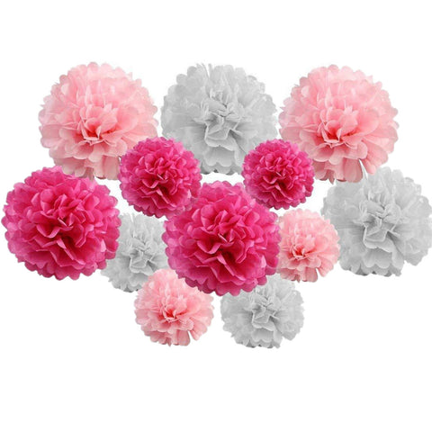 12  Tissue  Pompoms  (Pink + Hot Pink+Grey)