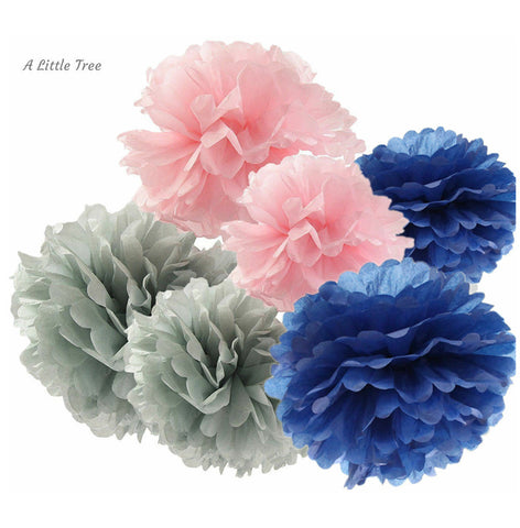 12  Tissue  Pompoms  (Pink+Grey+Dark Blue)