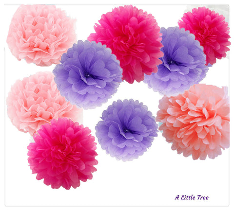 12  Tissue  Pompoms  (Pink + Hot Pink+Lilac)