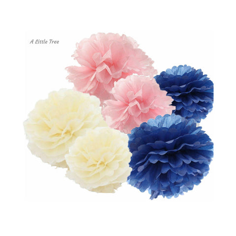 12  Tissue  Pompoms  (Pink+Ivory+Dark Blue)