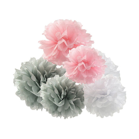 12 Tissue  Pompoms (Pink+ White+ Grey)